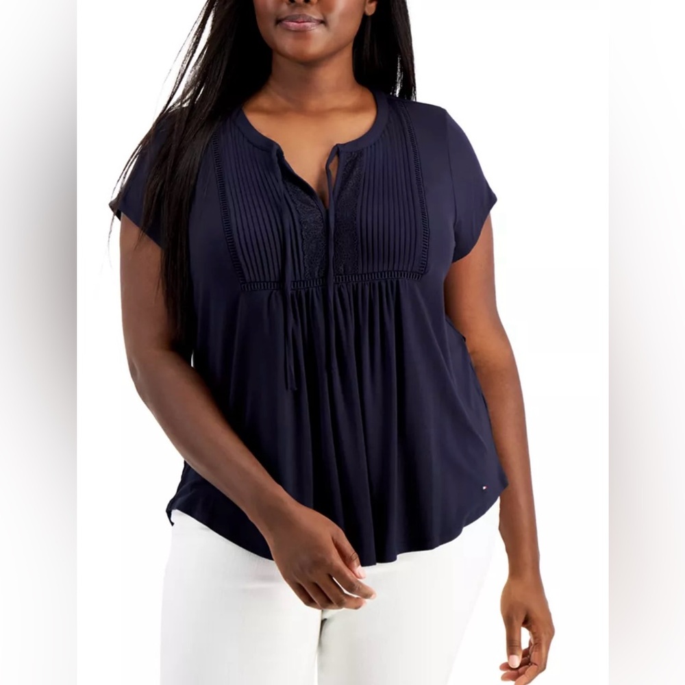 Tommy Hilifiger Pintuck Lace Lattice‎ Trim Short Sleeve Top Navy Blue Size 2X